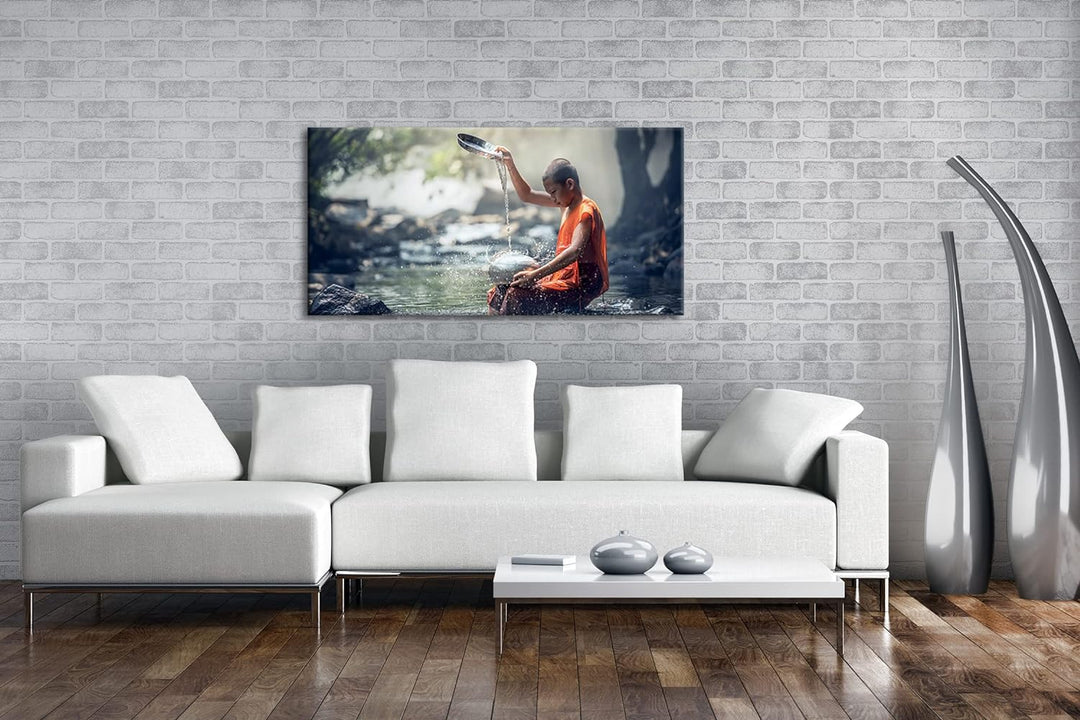 Buddhistischer Mönch Panorama 60x30 cm als Leinwandbild, Motiv fertig gerahmt auf Echtholzrahmen, Ho