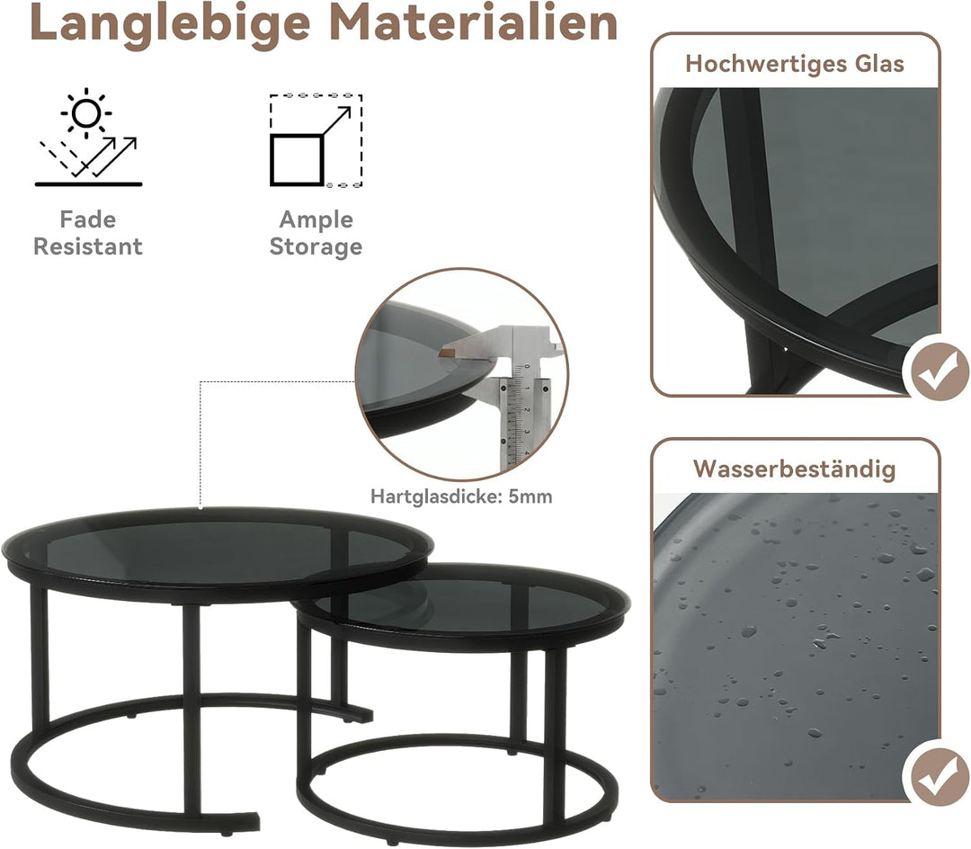 Hawthyhome 2 Stücke Beistelltisch Set rund, Couchtisch aus Glas mit Metallrahmen,Moderne Kaffeetisch
