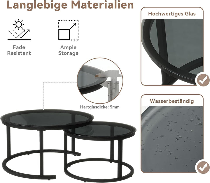 Hawthyhome 2 Stücke Beistelltisch Set rund, Couchtisch aus Glas mit Metallrahmen,Moderne Kaffeetisch
