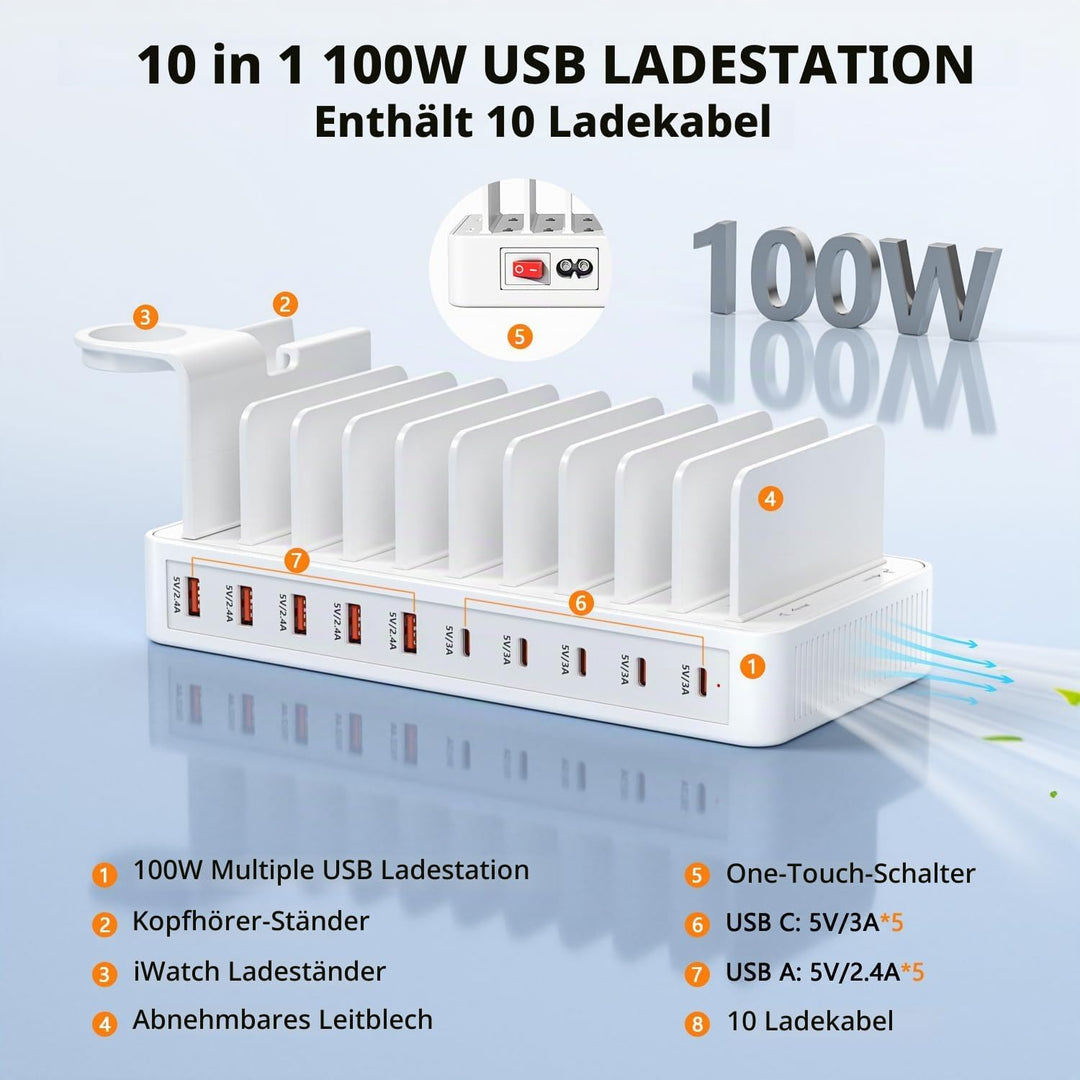 Ladestation Mehrere Geräte, USB C ladestation 100W, 10 Ports USB-Schnellladegerät Mit Uhrenhalterung