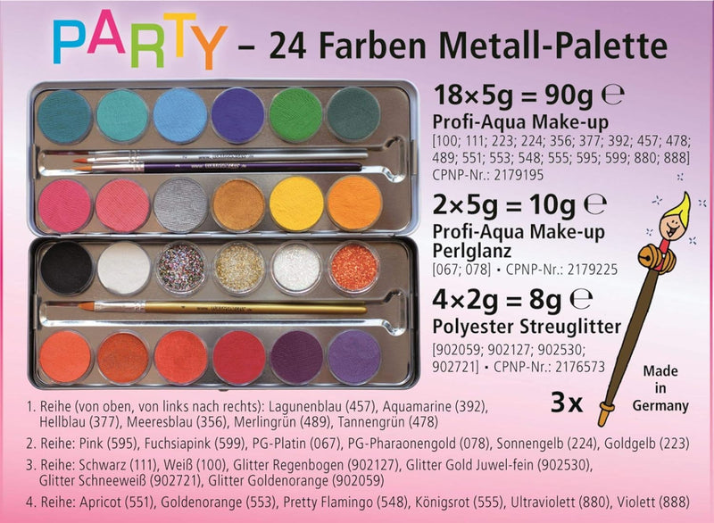 Eulenspiegel 224212 - Schminkpalette Party, im Metalletui, mit 24 Farben, Schminkset Metall-Schminkp