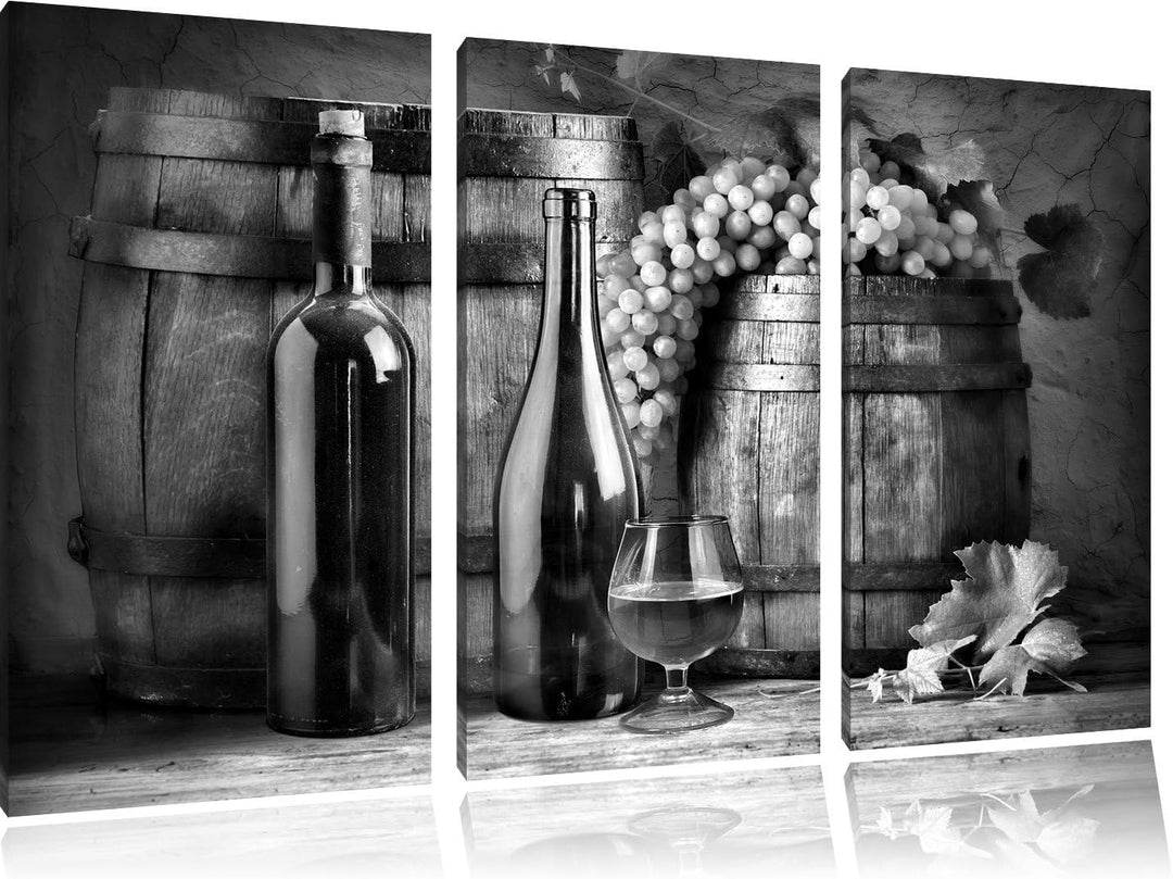 Pixxprint Fässer mit Weintrauben und Wein als Leinwandbild/Grösse: 3 Teilig (120x80 cm) cm/Wandbild/