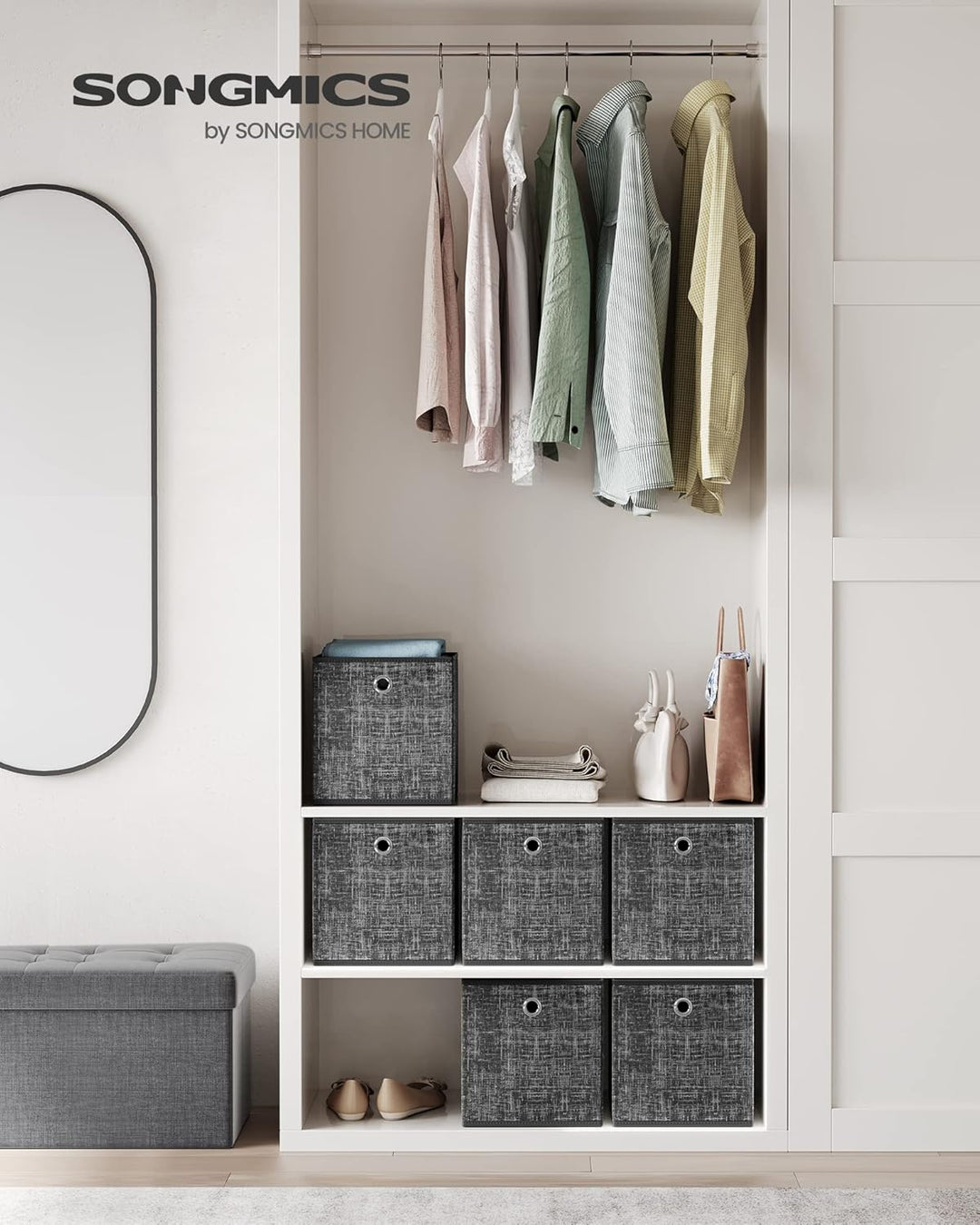 SONGMICS Aufbewahrungsbox, 6er Set, Ordnungsboxen aus Vliesstoff mit Griff, Boxen Aufbewahrung, 26 x