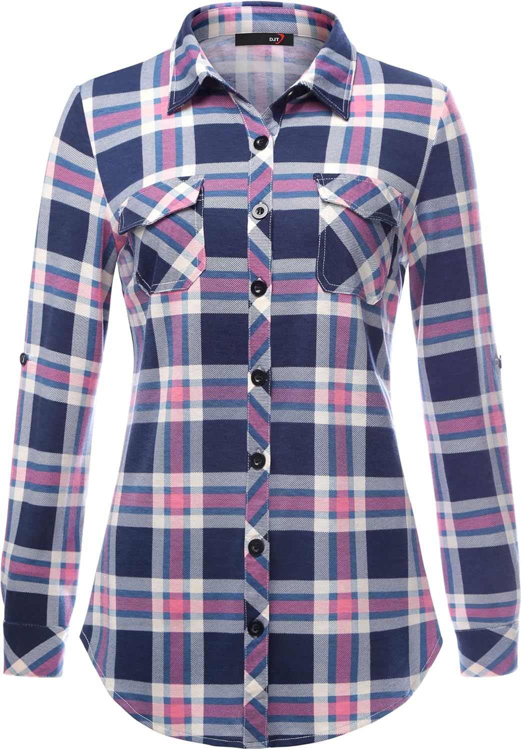 DJT Damen Weiches Gestrick Karierte Bluse Langarm 3/4 Roll Up Ärmel Hemdbluse Button-down Blusen Top
