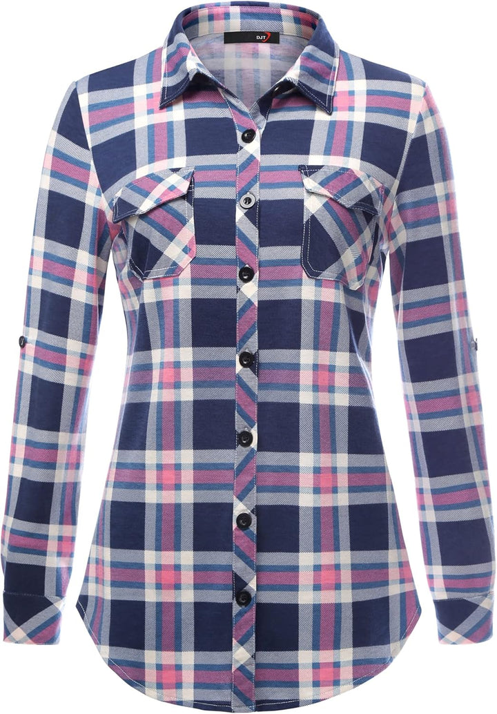 DJT Damen Weiches Gestrick Karierte Bluse Langarm 3/4 Roll Up Ärmel Hemdbluse Button-down Blusen Top