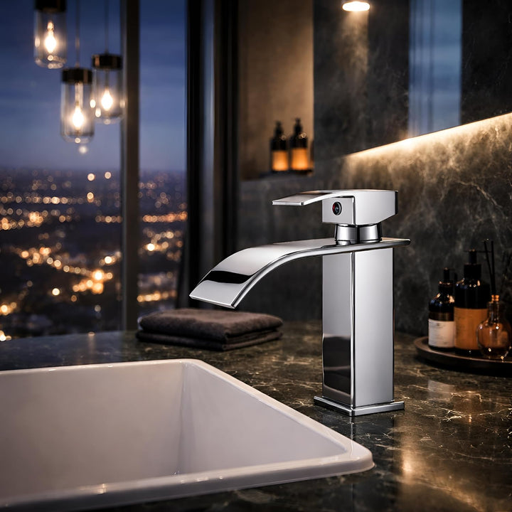 HEA Waschtischarmatur Wasserhahn Bad Chrom Waschbecken Einhebel Wasserfall für Badezimmer Wasserhahn