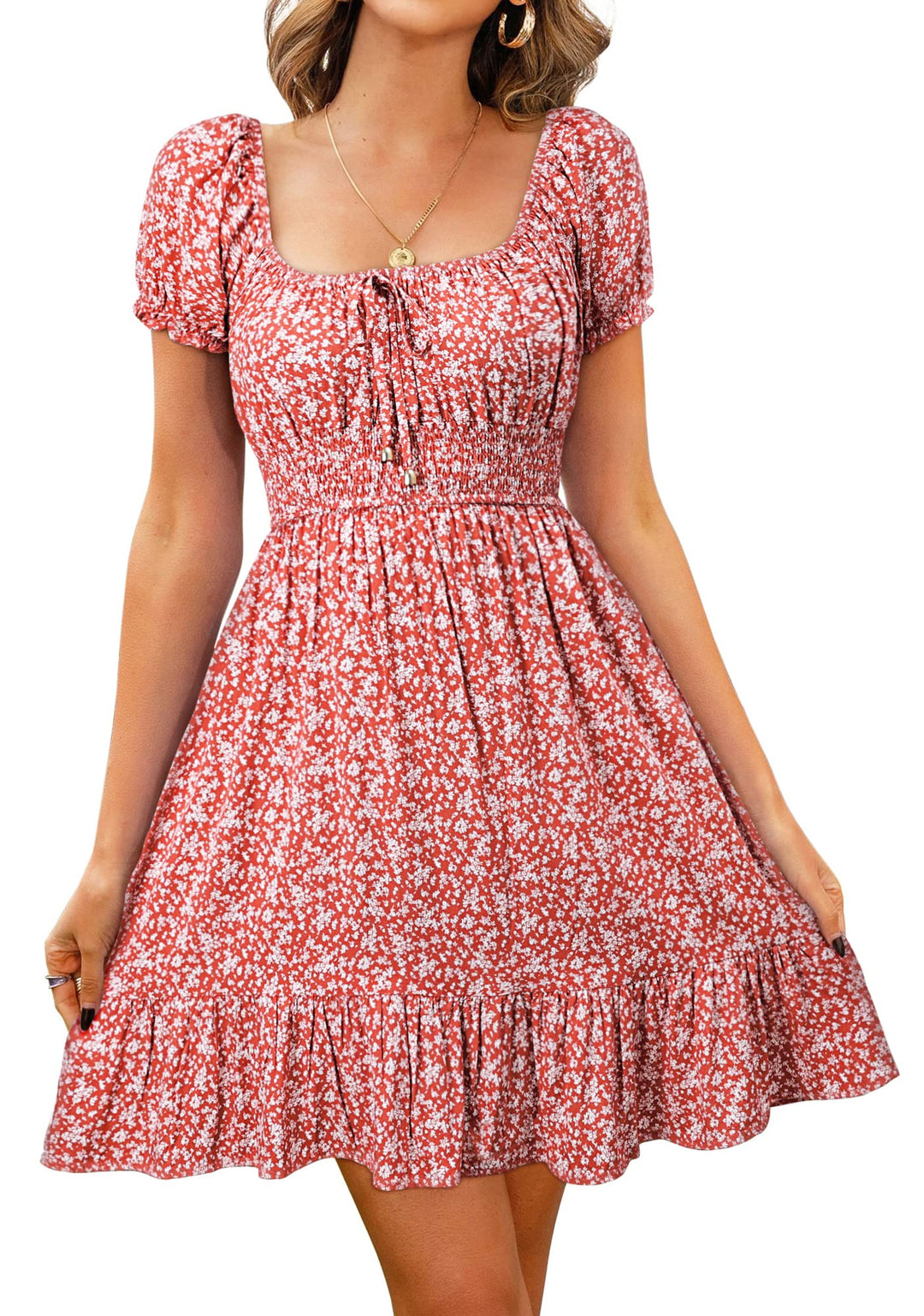 Livonmone Damen Kleid Lässig Sommerkleid Blumendruck Hohe Taille Kleider Puff Ärmel Retro Sexy Casua