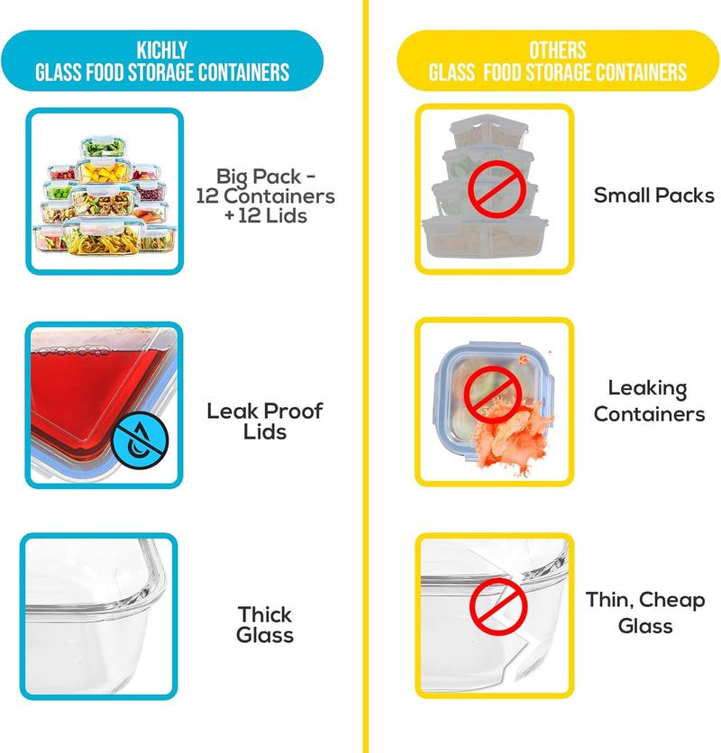 KICHLY Glas-Frischhaltedosen - 24 Teile (12 Behälter mit 12 verschliessbaren Deckeln) - Spülmaschine