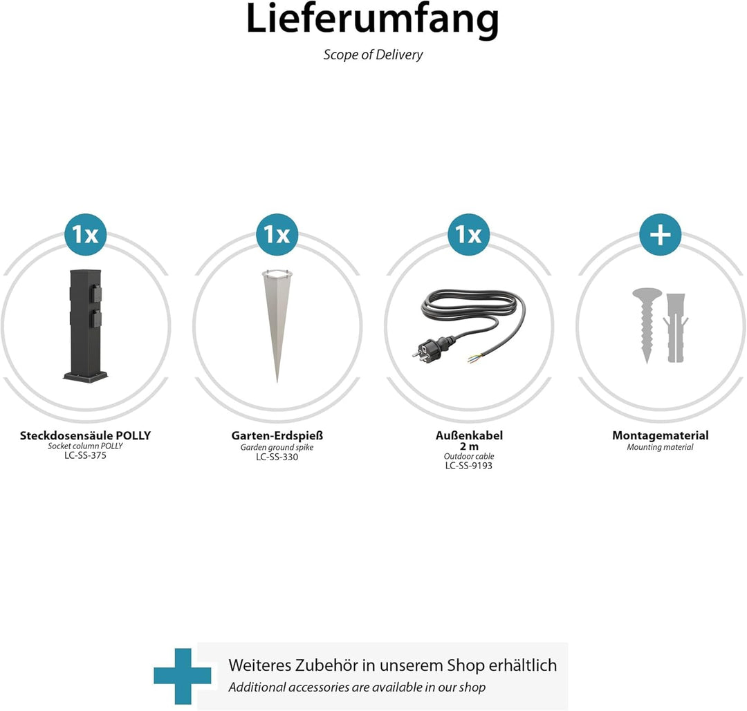ledscom.de 2 Stück Garten-Steckdosen-Säule Polly mit Erdspiess und 2m Kabel für aussen, IP44, 4-Fach