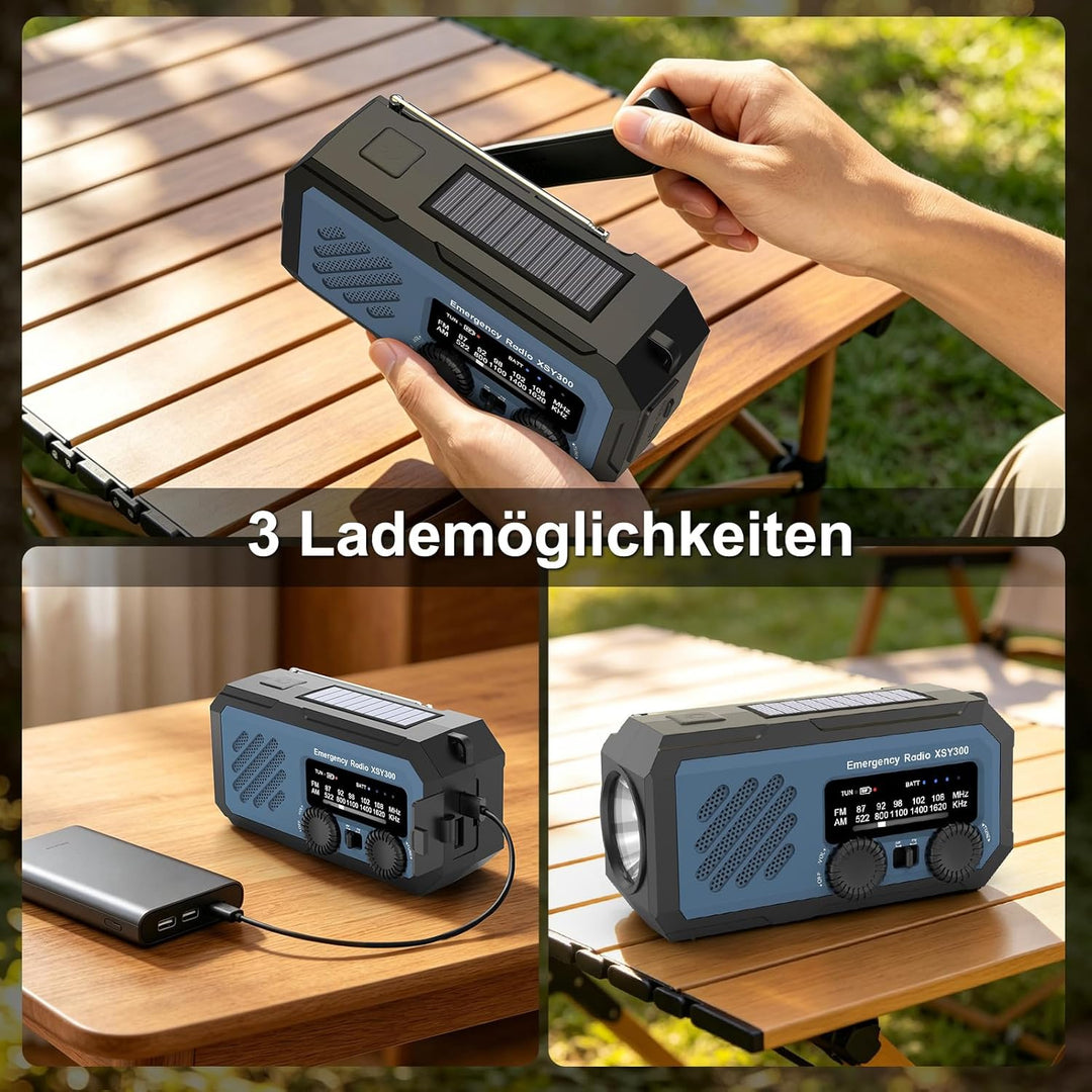 Tragbares Notfallradio, 2000mAh, AM/FM, Solar & Handkurbel, LED-Taschenlampe, Powerbank, Wetterkanal