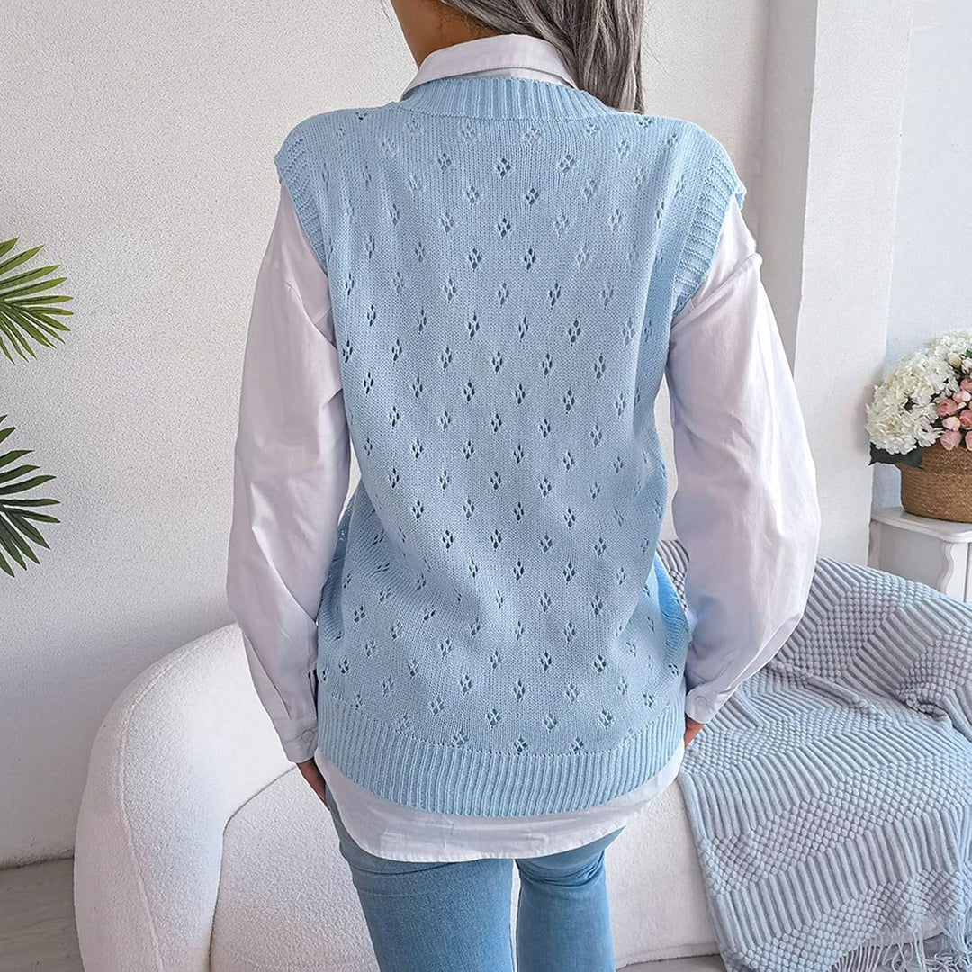Ärmellose Strickweste für Damen, V-Ausschnitt, College-Pullover, Übergrösse Blau S, Blau S