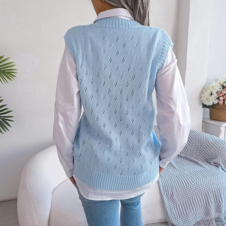 Ärmellose Strickweste für Damen, V-Ausschnitt, College-Pullover, Übergrösse Blau S, Blau S