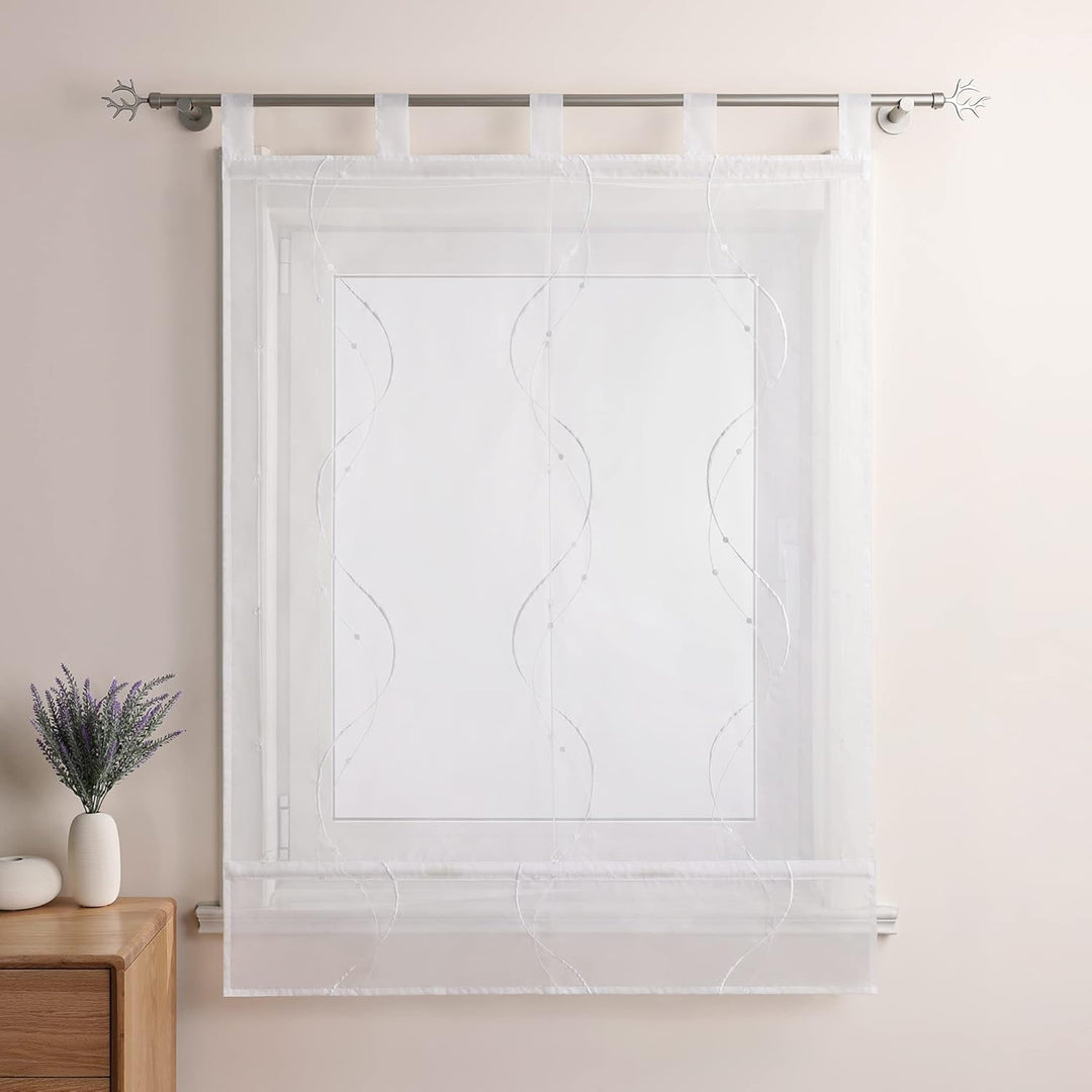Heichkell Raffrollo mit Schlaufen Voile Tranparent Vorhang Bestickt Modern Raffgardine für Küche Woh
