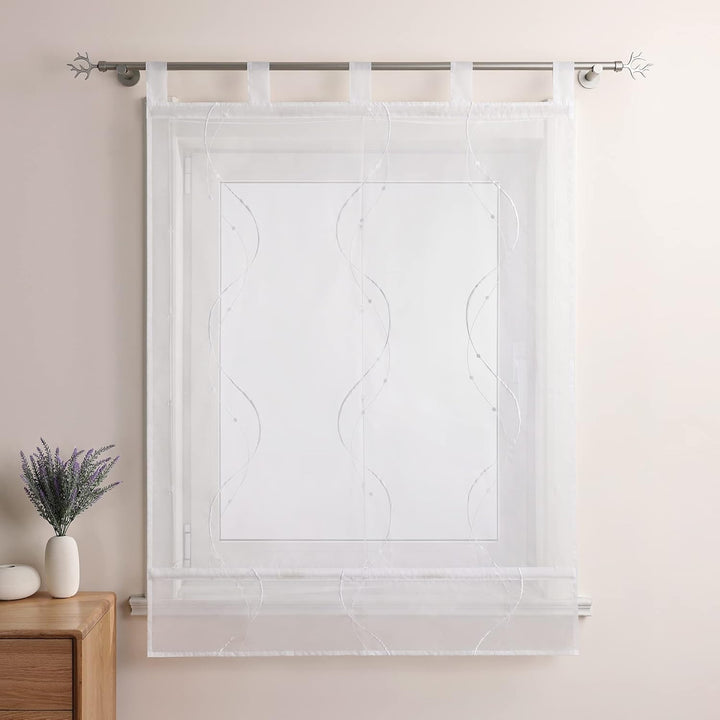 Heichkell Raffrollo mit Schlaufen Voile Tranparent Vorhang Bestickt Modern Raffgardine für Küche Woh
