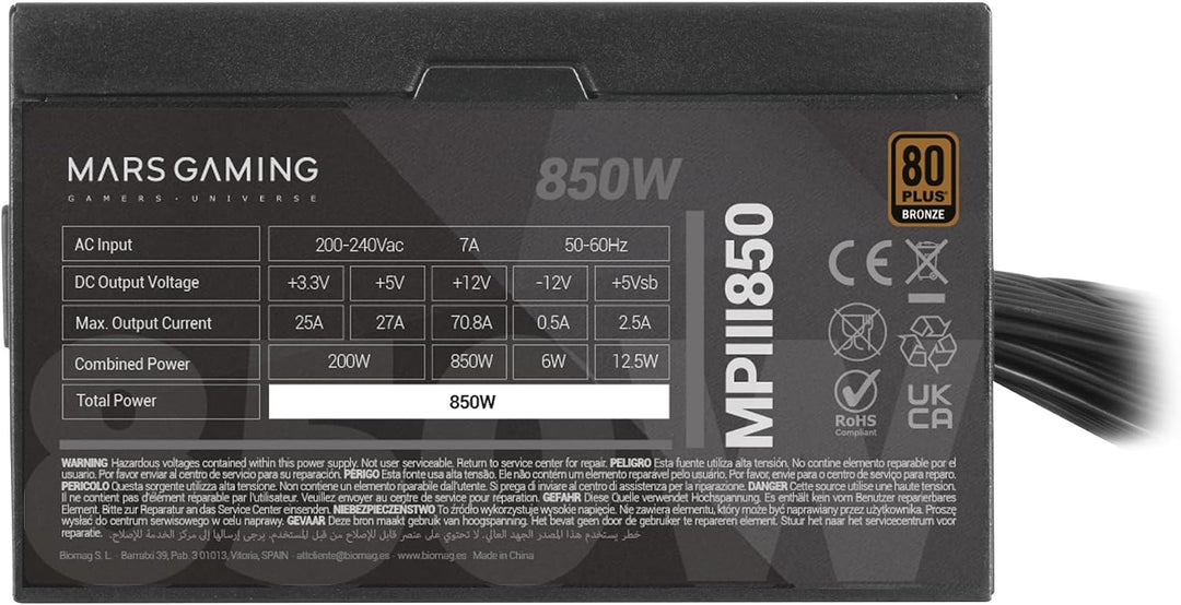 Mars Gaming MPIII850, Netzteil PC ATX 850W, 5 Jahre Garantie, Silent AI-RPM Technologie, 85% Wirkung