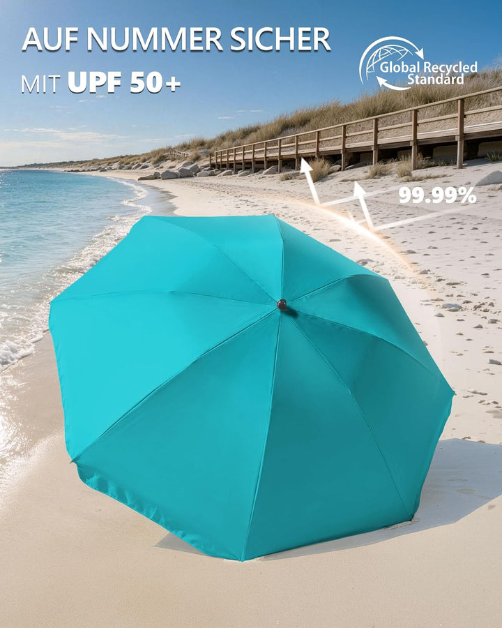 4smile Sonnenschirm Strand Ø 180 cm mit Eindrehbodenhülse, Türkis | Strandschirm windfest stabil mit
