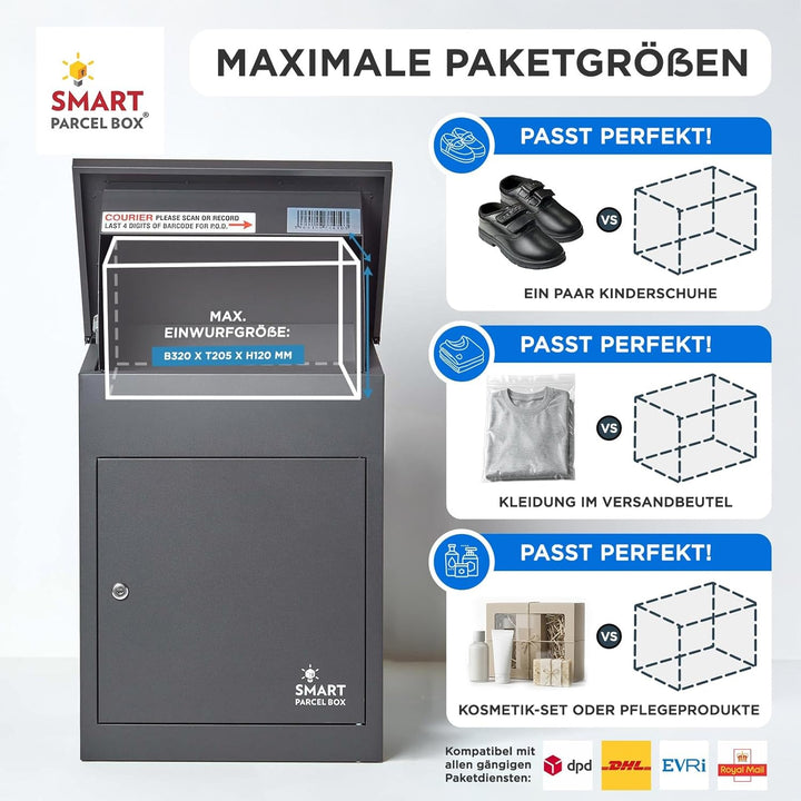SMART PARCEL BOX Paketbox, Paketbriefkasten Wandmontage, Briefkasten mit Paketfach, Postbox für Pake