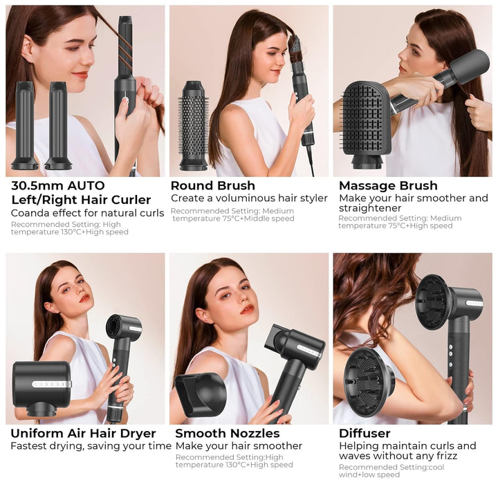 Air Styler 7 In 1, 110000 U/Min Hochtouriger Motor Haartrockner Warmluftbürste Set Mit 7 Aufsätze, T