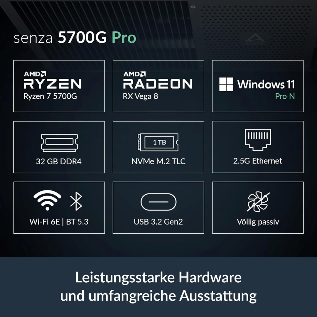 ARCTIC Senza 5700G Pro - Passiv gekühlter, lautloser PC zur Montage unter dem Tisch, Windows 11 Pro,