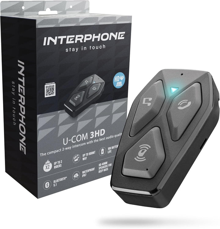 Interphone | COM3HD | Single | Bluetooth 5.1 Motorrad-Helm-Gegensprechanlage, 40-mm-HD-Kopfhörer, Mo