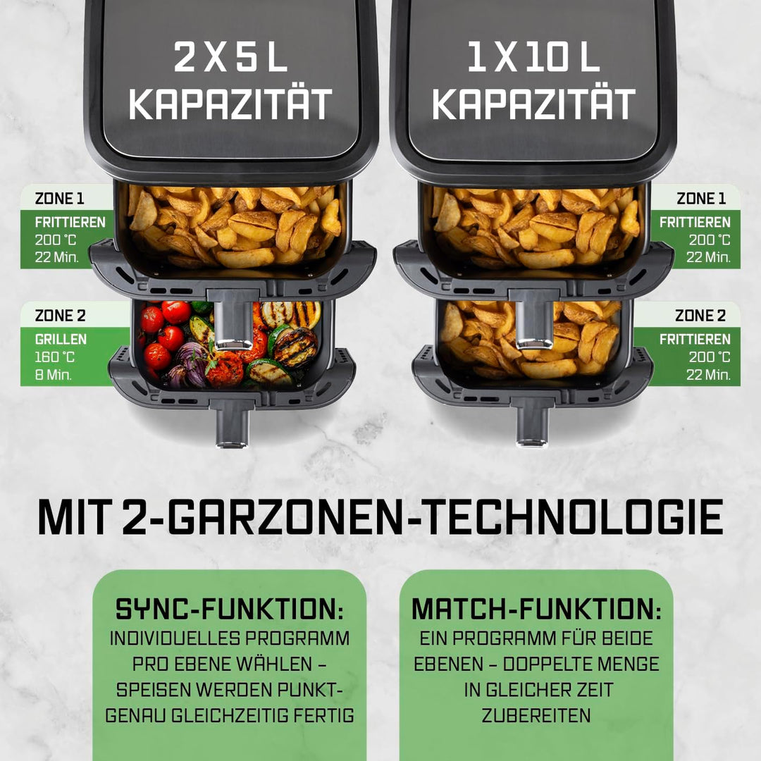GOURMETmaxx FryUp Vertikale Doppelkammer Heissluftfritteuse | vertikaler Airfryer | klappbares Touch