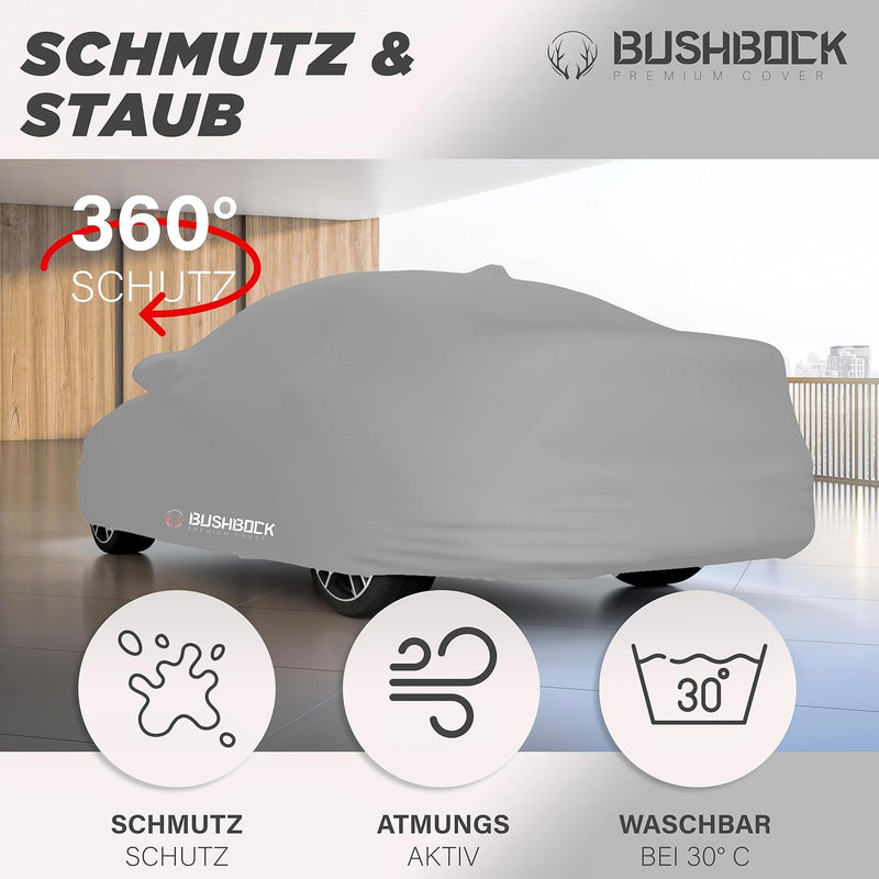 BUSHBOCK® Premium Autoabdeckung Indoor - Satin Schutzhülle Stoff - Abdeckplane Autoplane Autogarage