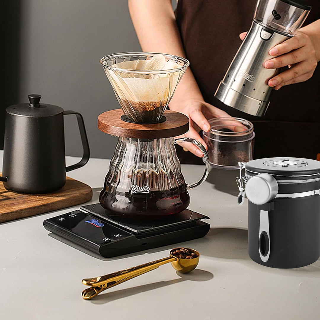 2er Kaffeedose Luftdicht aus Edelstahl, 1,5L KaffeebohnenbehäLter Mit EdelstahllöFfel Und Zeiterfass