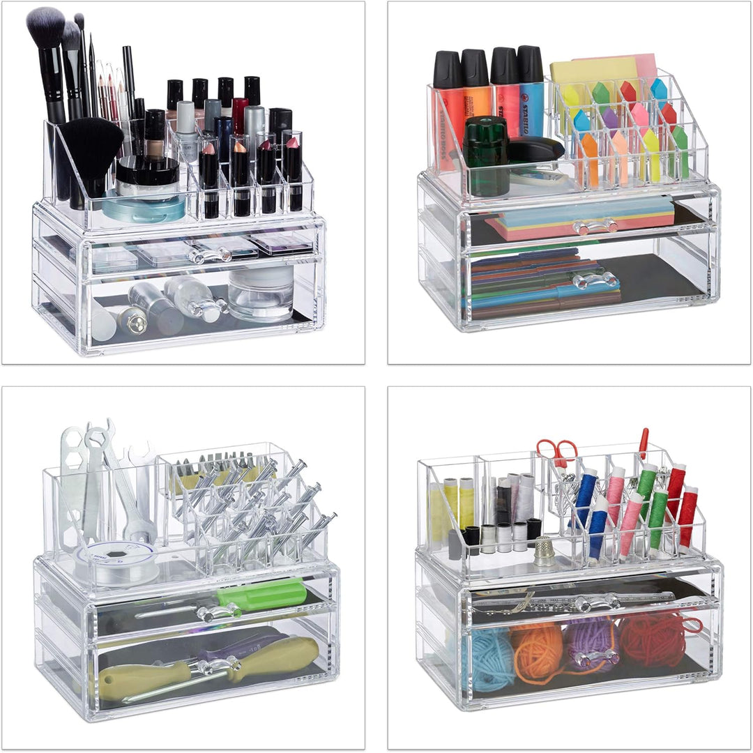 Relaxdays Make-Up Organizer mit 2 Schubladen, Kit für Lippenstift, Nagellack, Kosmetikregal Acryl, t