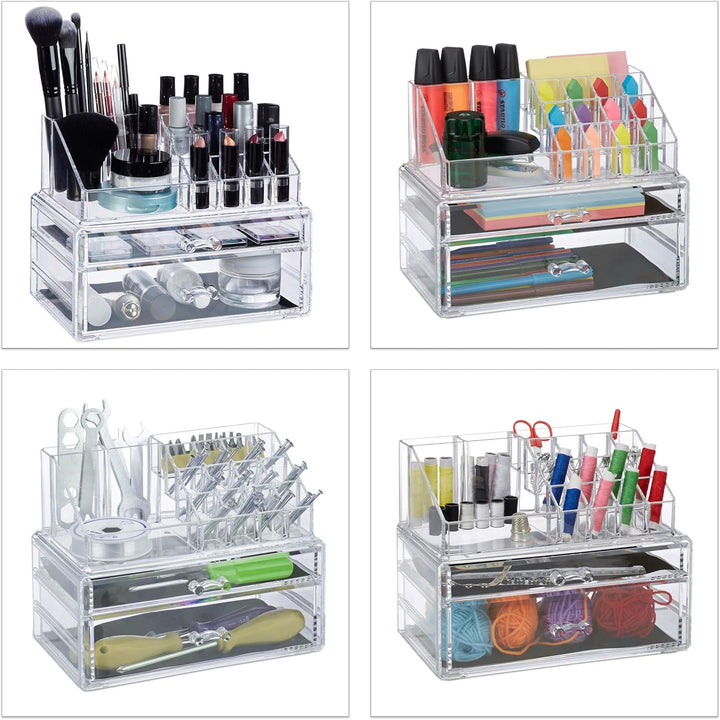 Relaxdays Make-Up Organizer mit 2 Schubladen, Kit für Lippenstift, Nagellack, Kosmetikregal Acryl, t