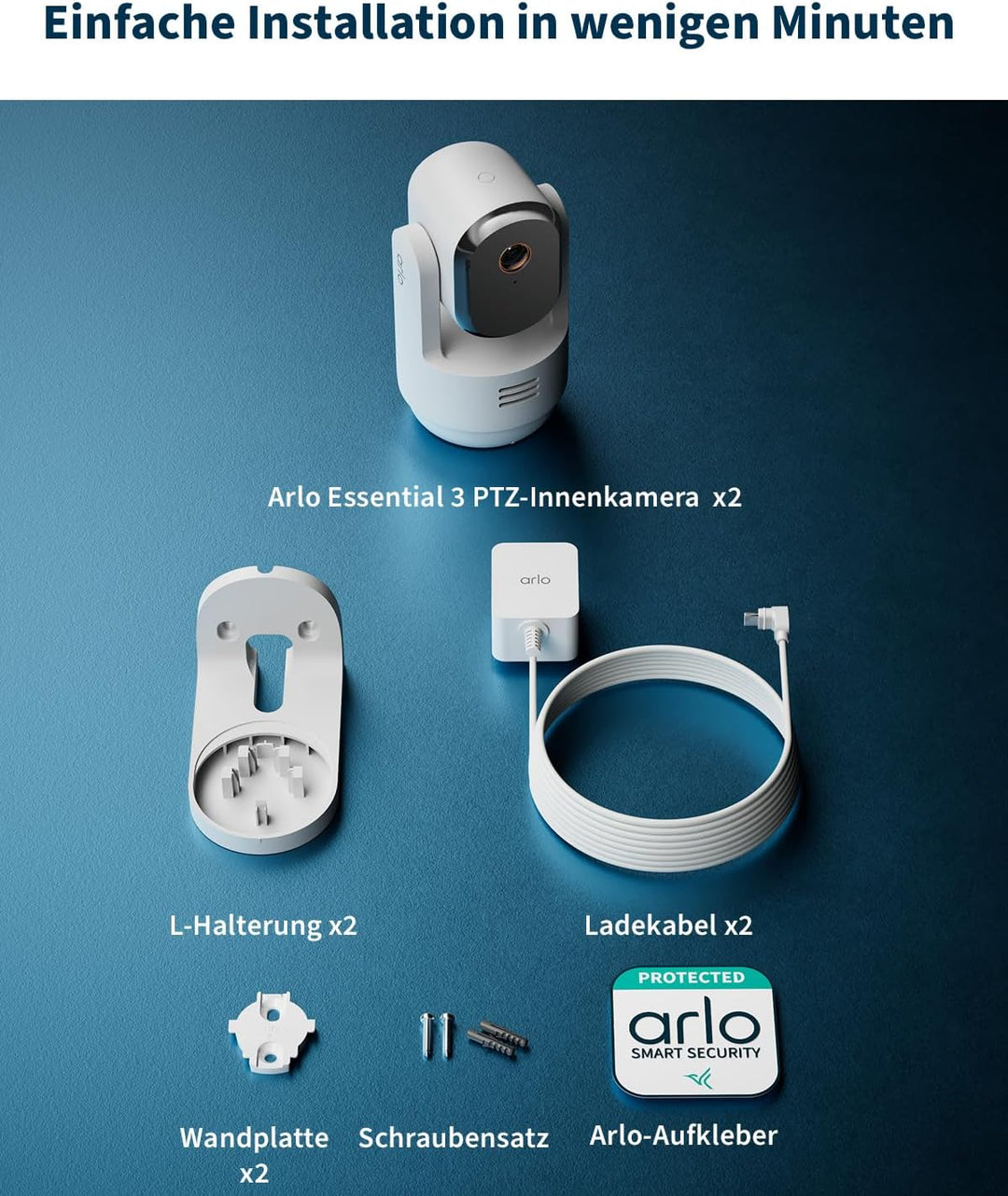 Arlo Indoor 3 HD PTZ Überwachungskamera Innen, 2er Set, HD Video, 360º Schwenkbar, 2-Wege-Audio, Bew