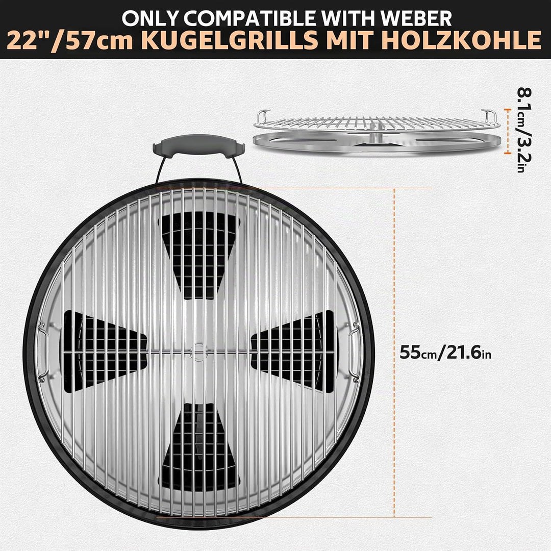 onlyfire Grillrost Edelstahl Doppel für Weber 57cm Kettle Holzkohlegrill, Grillrost Rund mit Rauchfu