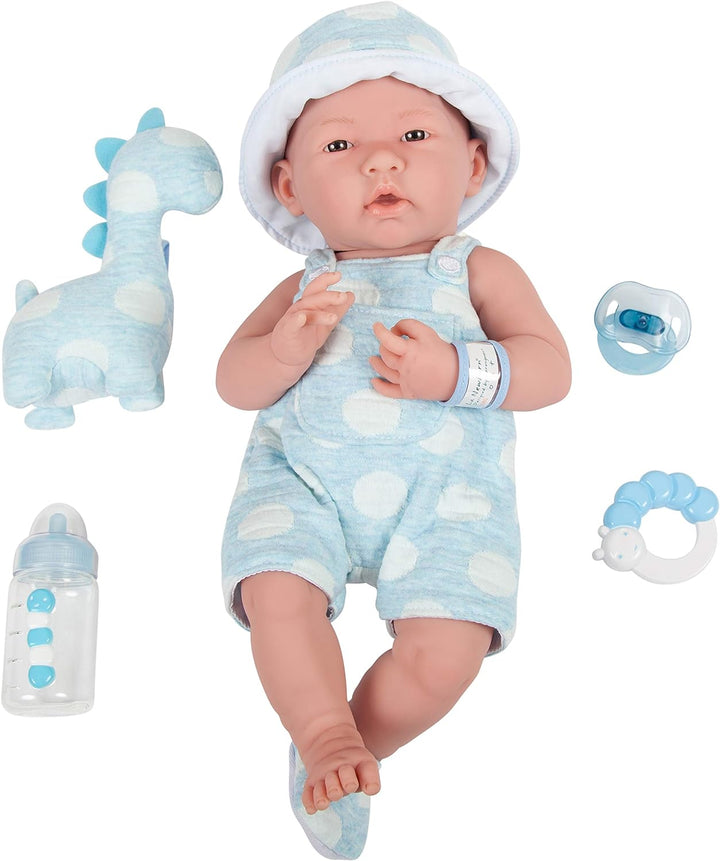 JC TOYS - La Newborn Babypuppe 38 cm aus weichem Vinyl, inklusive Kleidung, Dinosaurier-Plüsch und 4