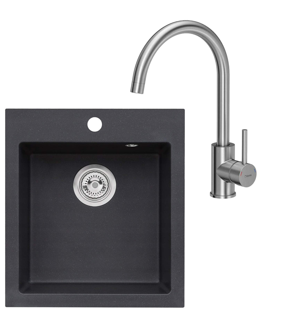 VBChome Spülbecken mit Armatur 45 x 50 cm Schwarz Einzelbecken Einbauspüle Spüle Küchenspüle Spültis