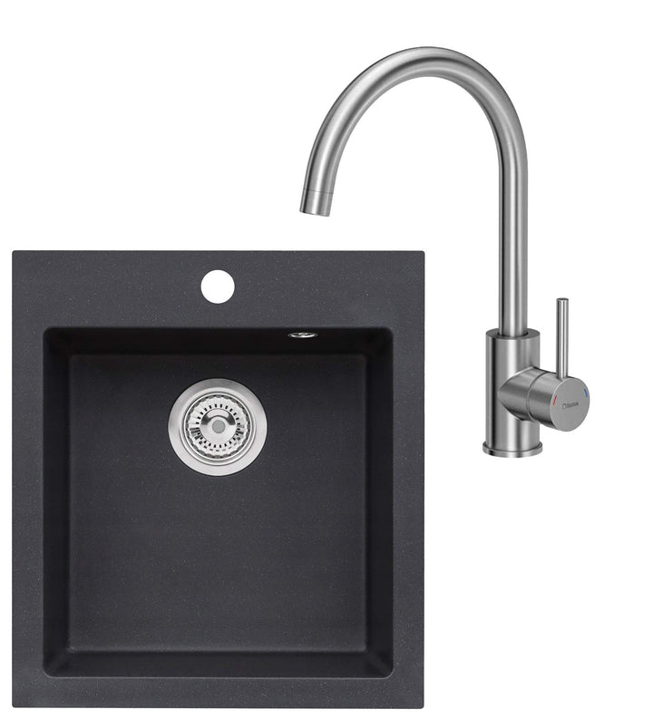 VBChome Spülbecken mit Armatur 45 x 50 cm Schwarz Einzelbecken Einbauspüle Spüle Küchenspüle Spültis