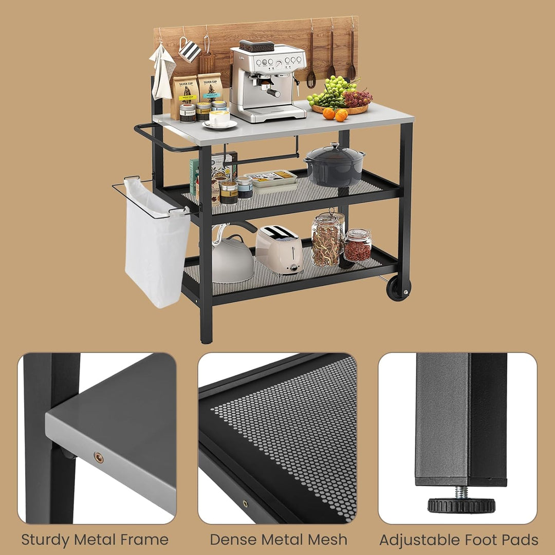 KOMFOTTEU Grillwagen mit klappbarer Tischplatte, Outdoor Servierwagen mit Haken, Handtuchhalter, Mül