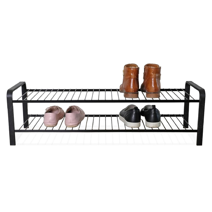 LM 392 Schuhregal Schwarz 87cm breit, Schuhablage schmal mit 2 Ebenen, offen, schwarz Schwarz 2 Eben