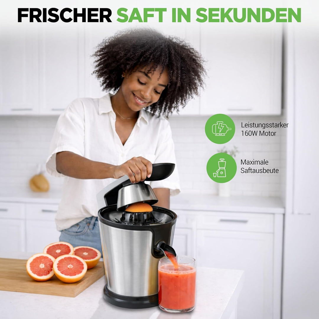 NutriChef Elektrische Zitruspresse, 160 W Orangenpresse aus Edelstahl mit Hebelarm – Leistungsstarke