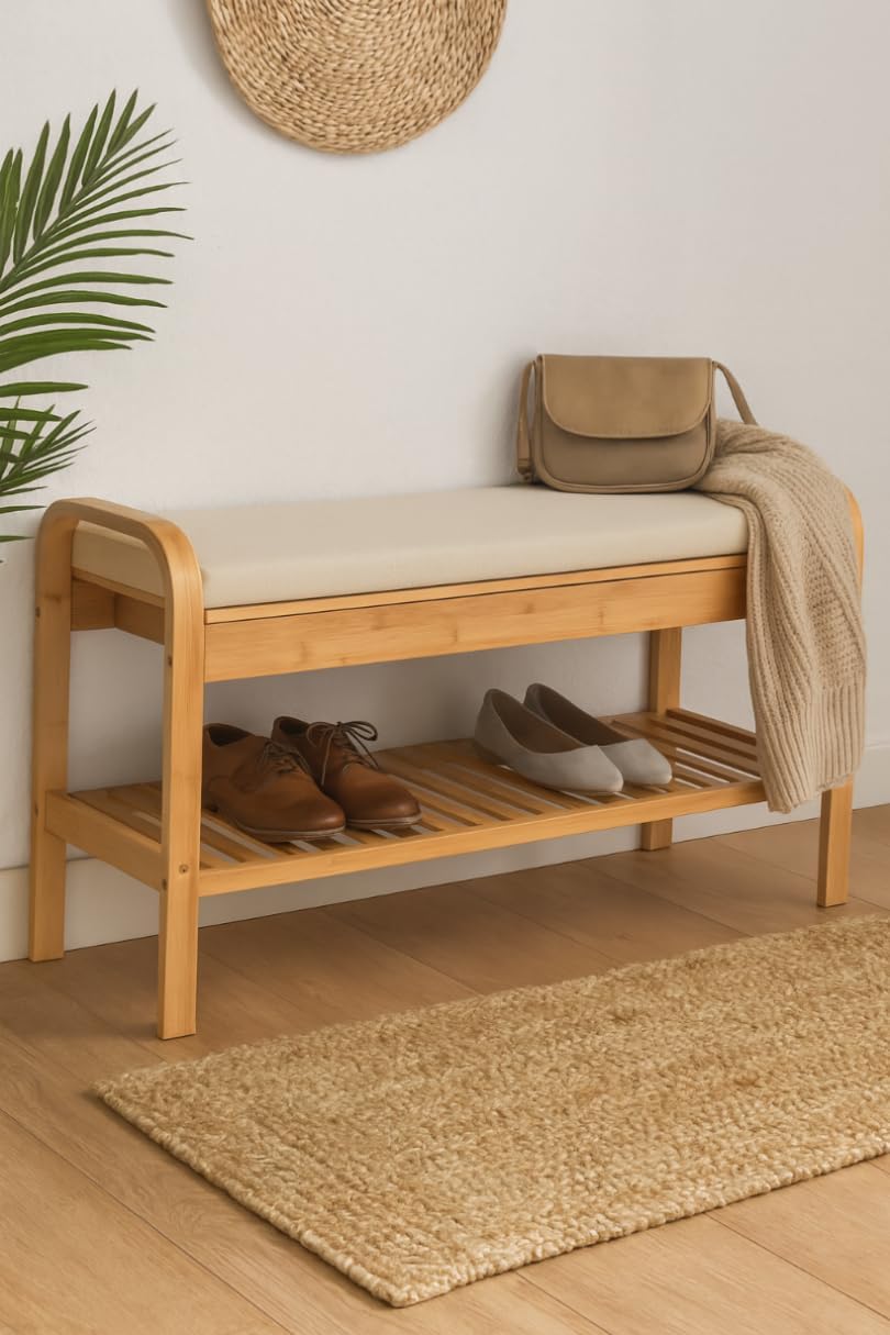 Bambus Schuhregal, Schuhregal aus Bambus mit Sitzbank, Schuhbank mit Sitzkissen, Sitzbank mit einer