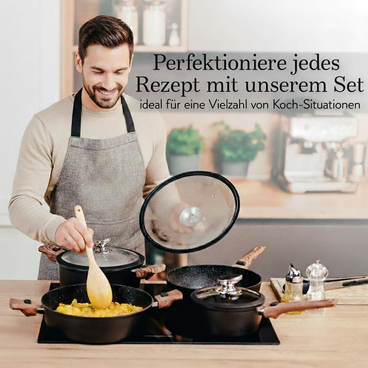 Topfset & Pfannenset Induktion [Antihaft Granit-Beschichtung] - Kochset mit abnehmbaren Griffen [Pla