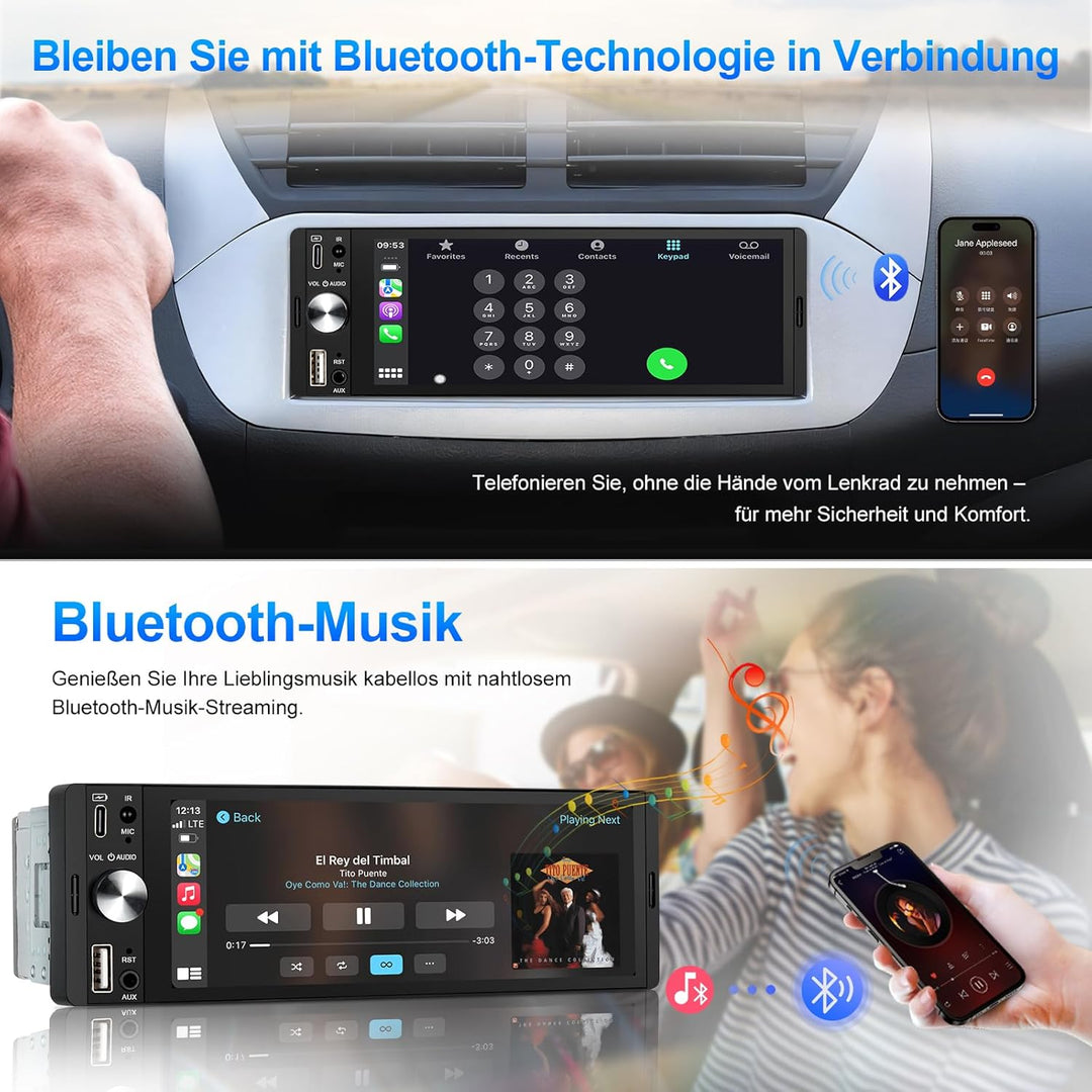 1 Din Autoradio mit Bildschirm Kompatibel mit Wireless CarPlay & Android Auto, 6,28 Zoll 1Din Car Ra