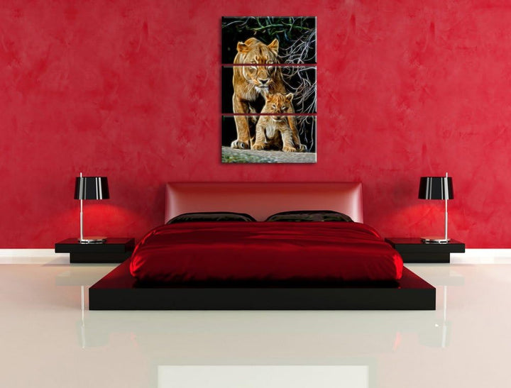 Dark Löwin mit Jungtier Spezial 3-Teiler Leinwandbild 120x80 Bild auf Leinwand, XXL riesige Bilder f