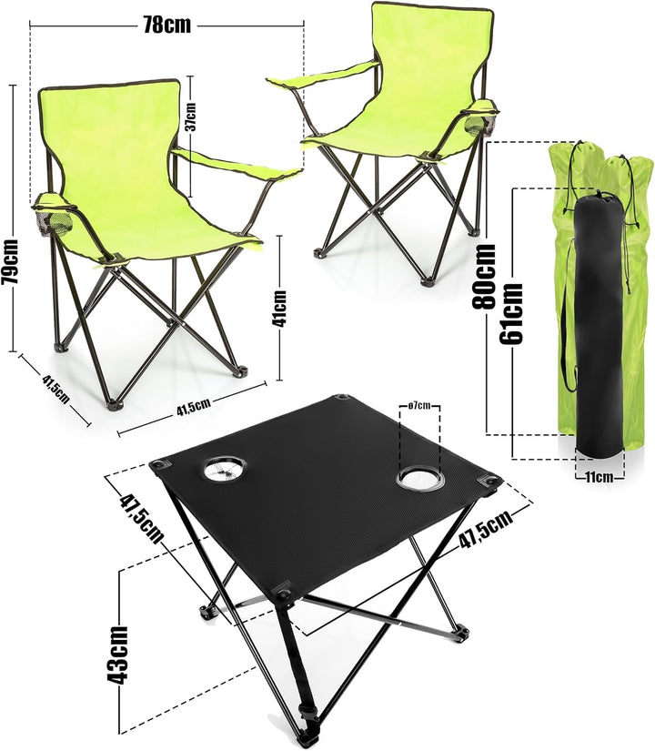 BigDean 2 Stück Campingstuhl mit Campingtisch faltbar – Faltstuhl in Neon Grün mit Getränkehalter &