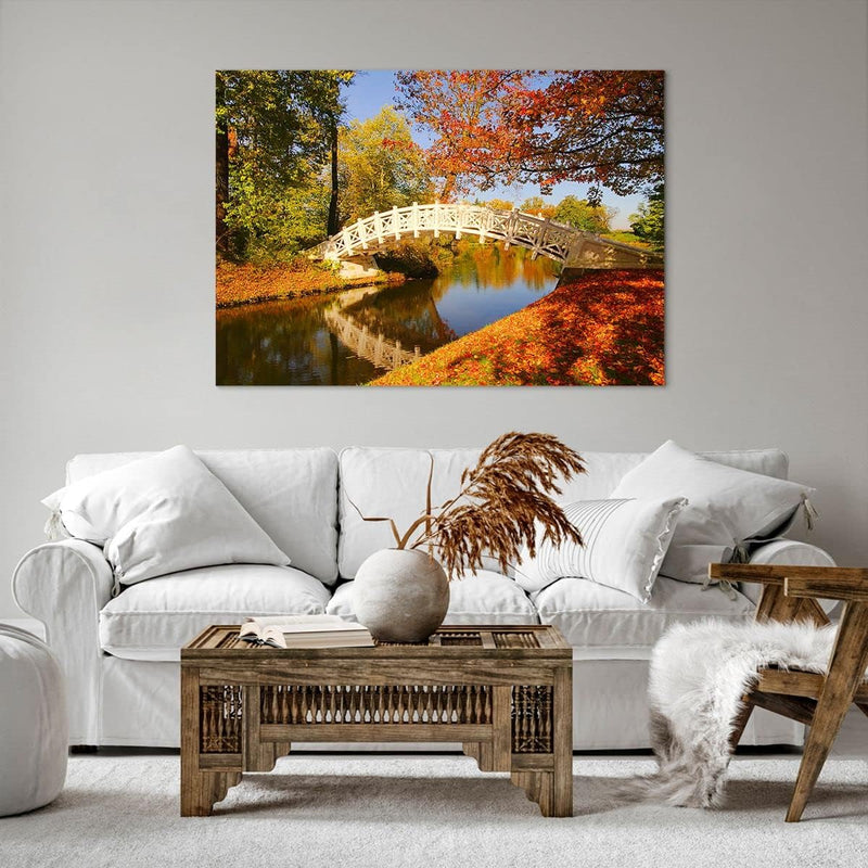 Bilder auf Leinwand 100x70cm Leinwandbild Stream Fussgängerbrücke Herbst Gross Wanddeko Bild Schlafz