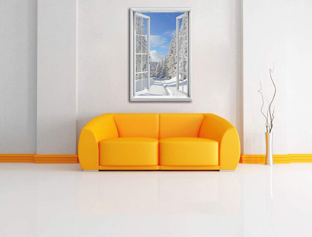 Pixxprint Winterlandschaft Bäume, Fenster Leinwandbild | Grösse: 100x70 cm | Wandbild | Kunstdruck,