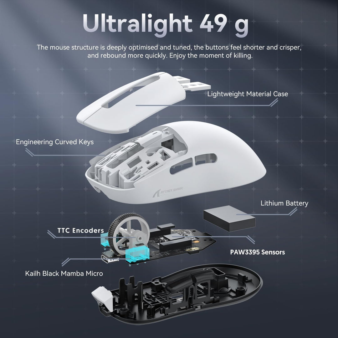ATTACK SHARK X3 49g Ultralight Mouse, PixArt PAW3395 Gaming Sensor, BT/2.4G Wireless/Wired Gaming Mo