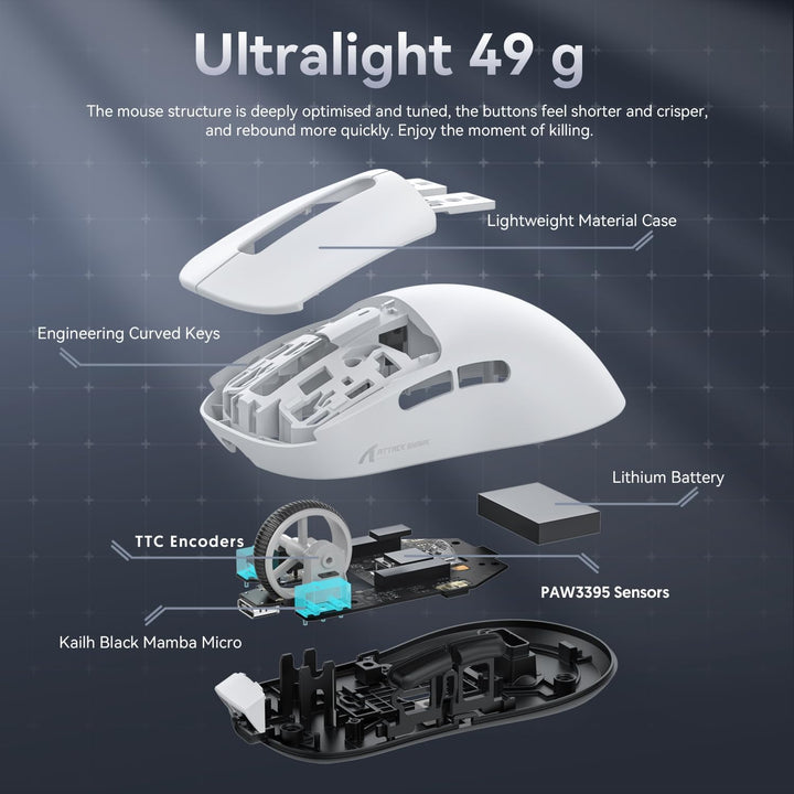ATTACK SHARK X3 49g Ultralight Mouse, PixArt PAW3395 Gaming Sensor, BT/2.4G Wireless/Wired Gaming Mo
