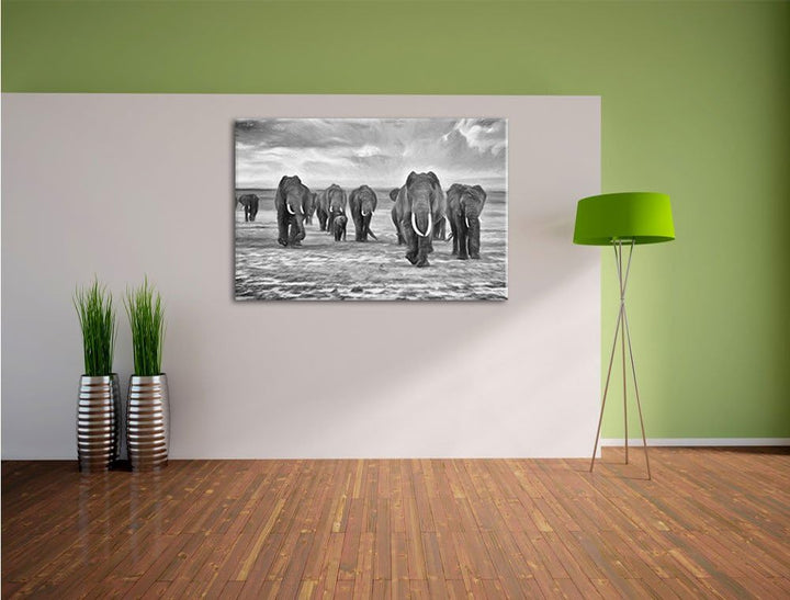 Pixxprint Elefanten Familie in der Savanne Kunst Buntstift Effekt, Format: 100x70 auf Leinwand, XXL