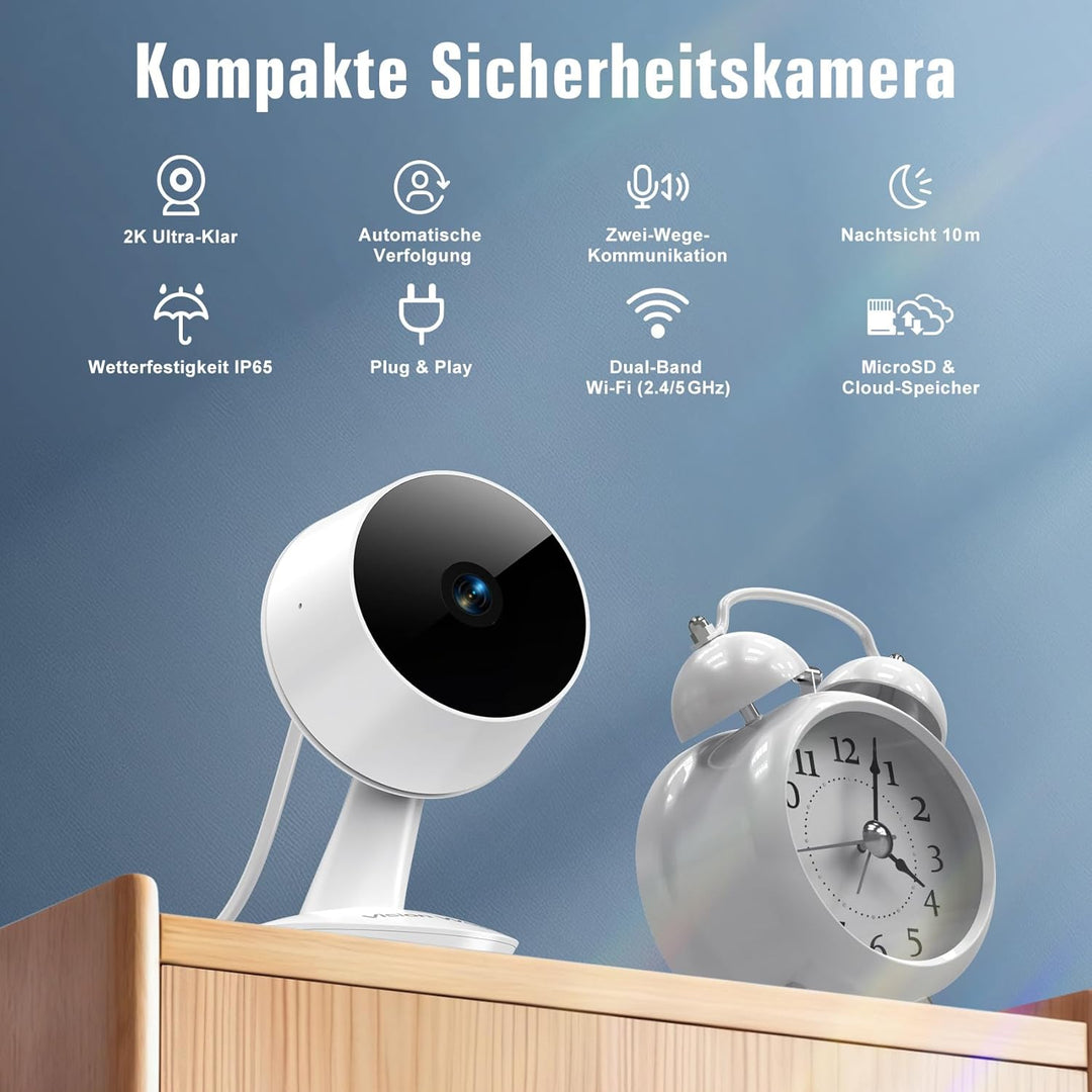 VISION WELL Mini 2K Überwachungskamera Innen- & Aussenbereich, für Zuhause, Haustiere & Babys, Beweg