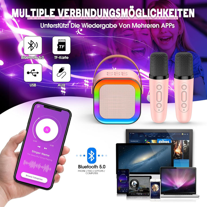 Karaoke Maschine mit 2 Mikrofon Kinder Bluetooth, Geschenk Spielzeug Mädchen 3-12 Jahre, Tragbarer K