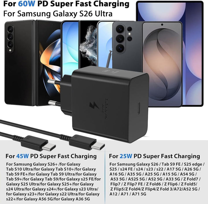 USB C Ladegerät 60W Schnellladegerät Ladekabel 2m für Samsung Galaxy S26 Ultra S25 S24 S23 S22 S21 A